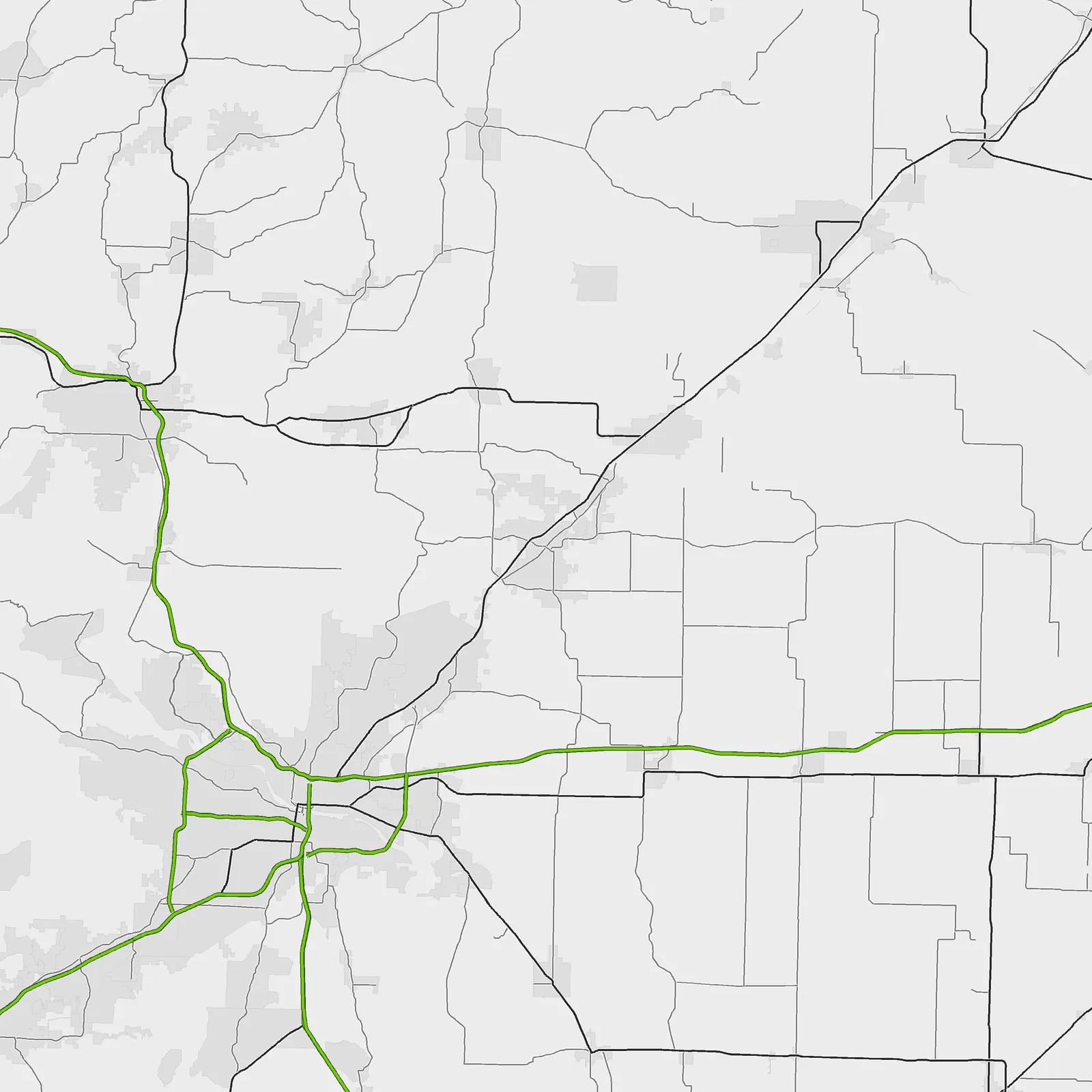 Map of towns within 25 miles of Cabot, Arkansas. Cabot is marked larger. 22 town names are labeled, and every town in the radius has a light.